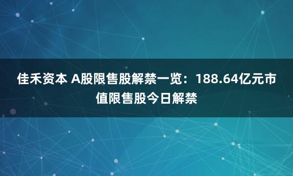 佳禾资本 A股限售股解禁一览：188.64亿元市值限售股今日解禁